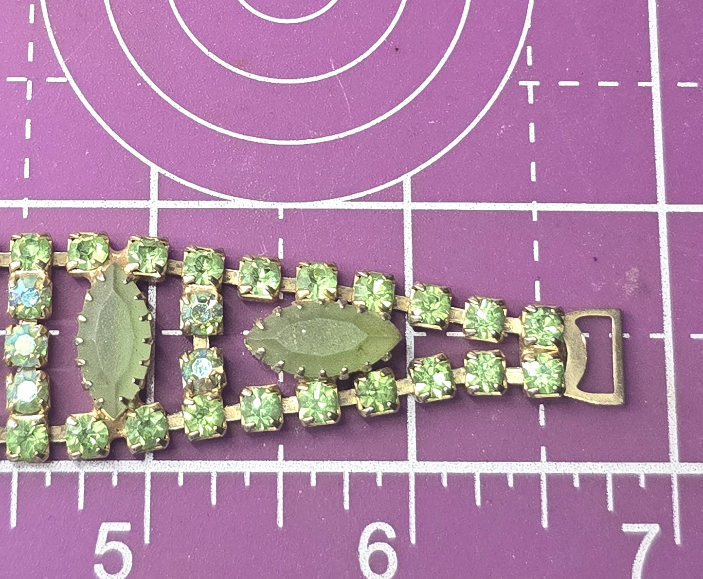 Green satin glass AB aurora borealis rhinestone prong set vintage bracelet