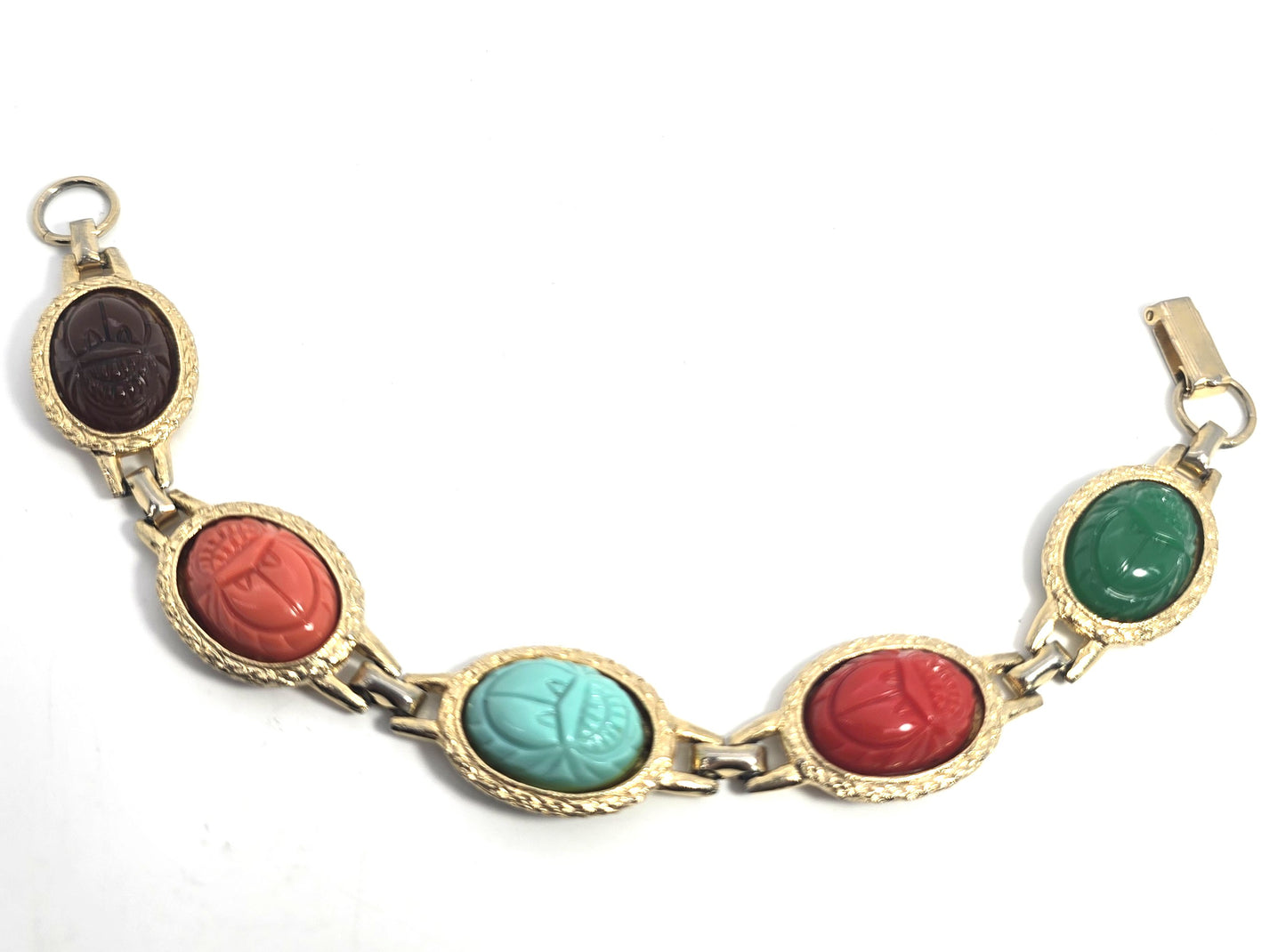 Egyptian Revival scarab beetle molded glass vintage gold toned bracelet
