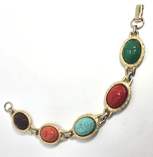 Egyptian Revival scarab beetle molded glass vintage gold toned bracelet