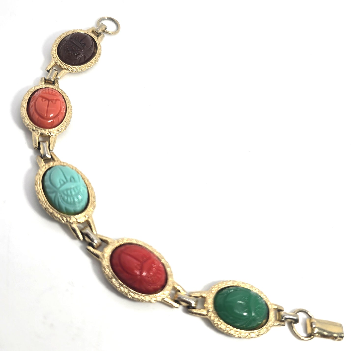 Egyptian Revival scarab beetle molded glass vintage gold toned bracelet