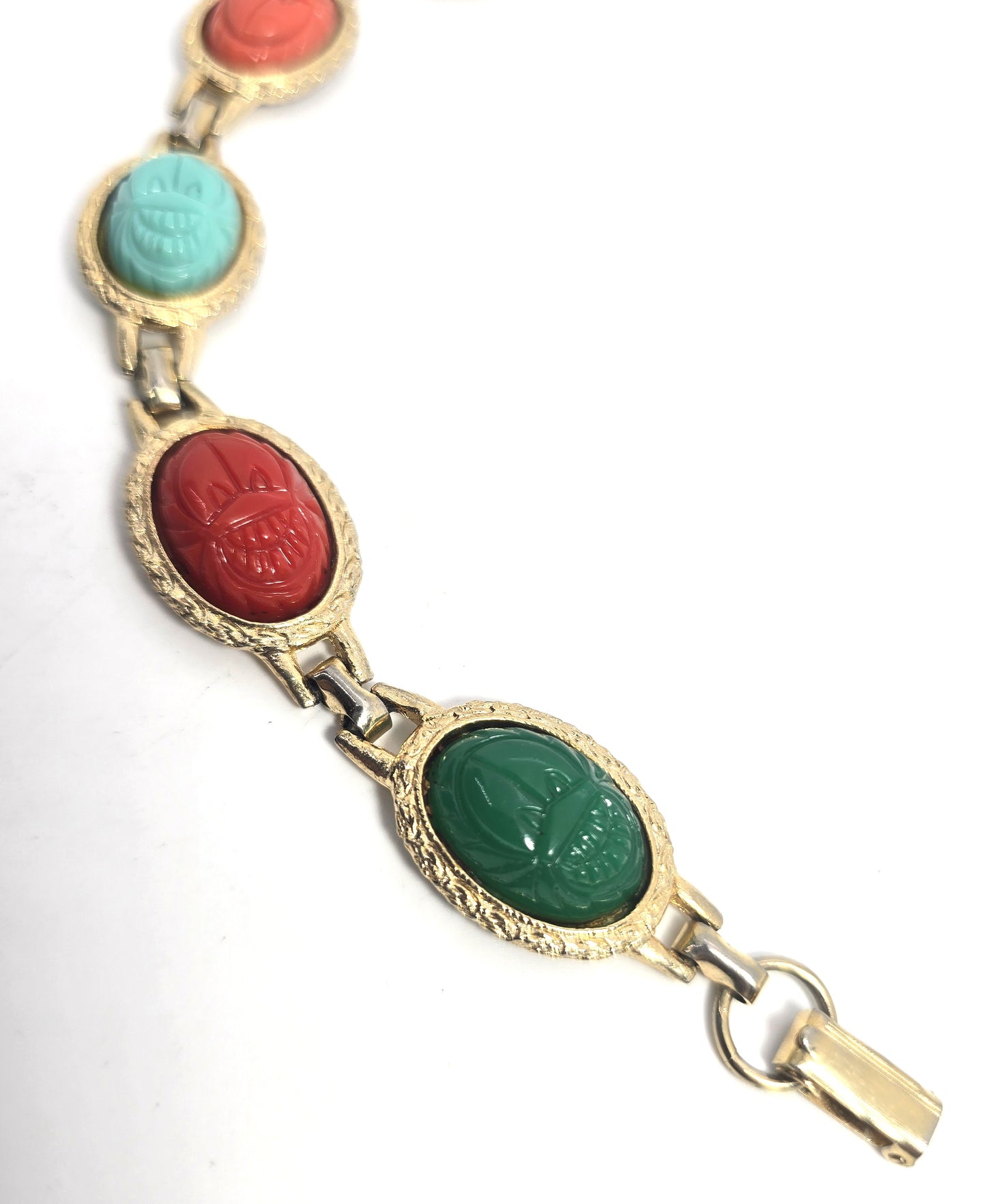 Egyptian Revival scarab beetle molded glass vintage gold toned bracelet
