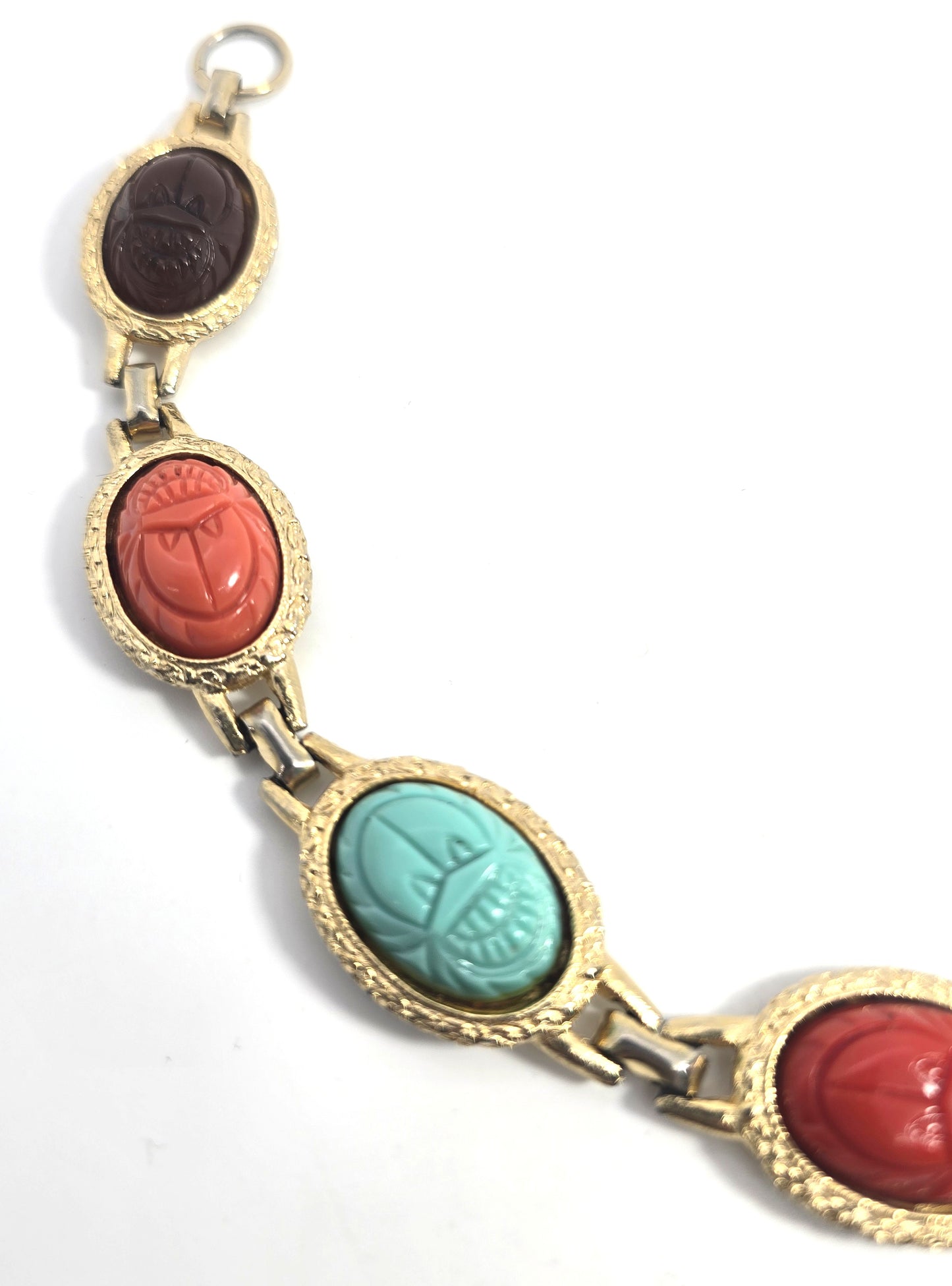 Egyptian Revival scarab beetle molded glass vintage gold toned bracelet