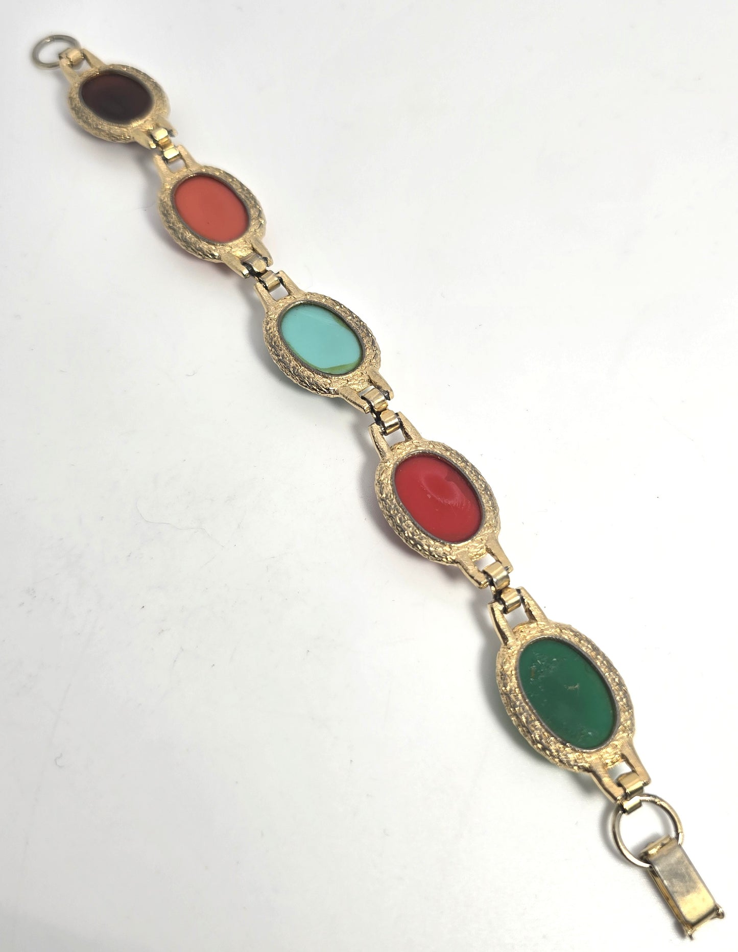 Egyptian Revival scarab beetle molded glass vintage gold toned bracelet