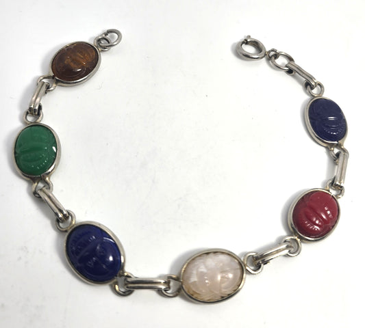 Egyptian Revival scarab beetle molded glass vintage 7.75"  bracelet