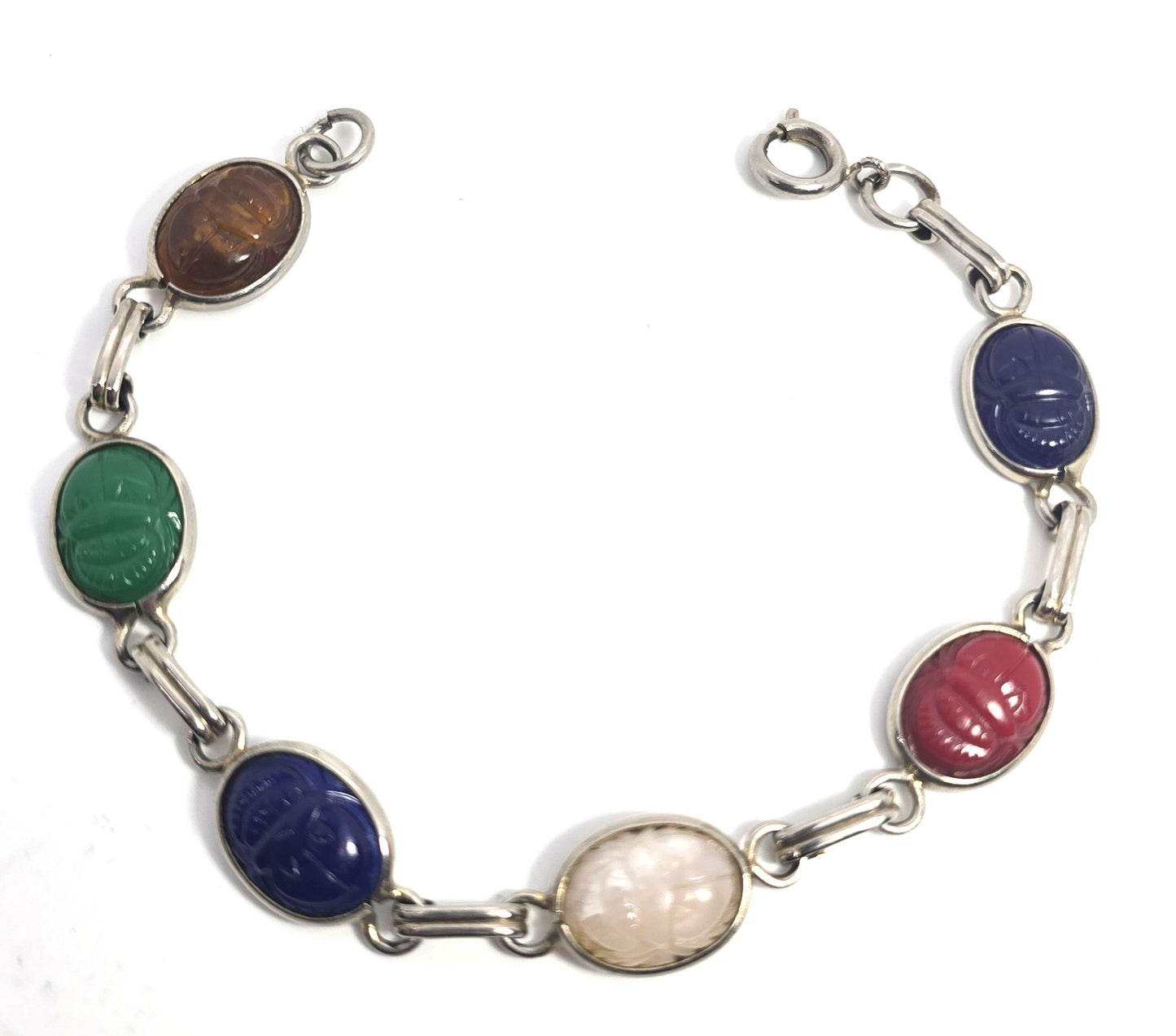Egyptian Revival scarab beetle molded glass vintage 7.75"  bracelet