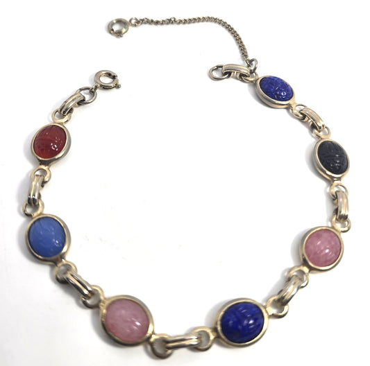 Egyptian Revival scarab beetle molded glass gold toned vintage 7.5"  bracelet