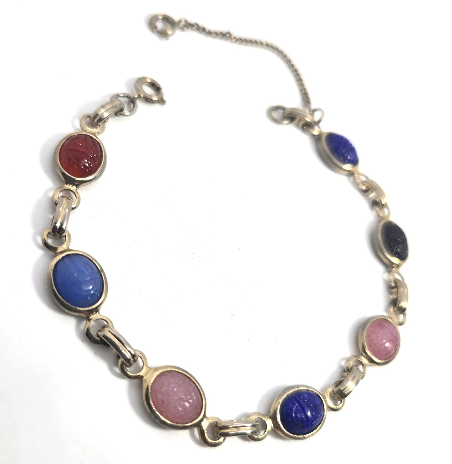 Egyptian Revival scarab beetle molded glass gold toned vintage 7.5"  bracelet