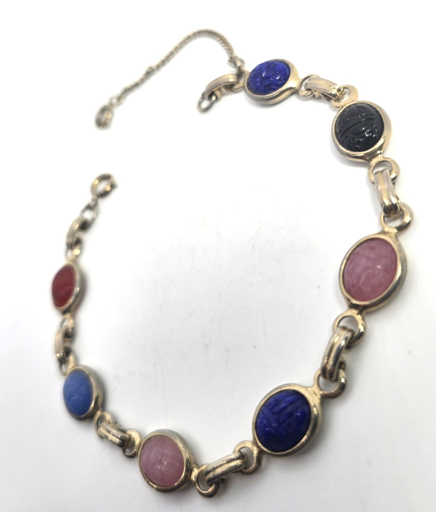 Egyptian Revival scarab beetle molded glass gold toned vintage 7.5"  bracelet