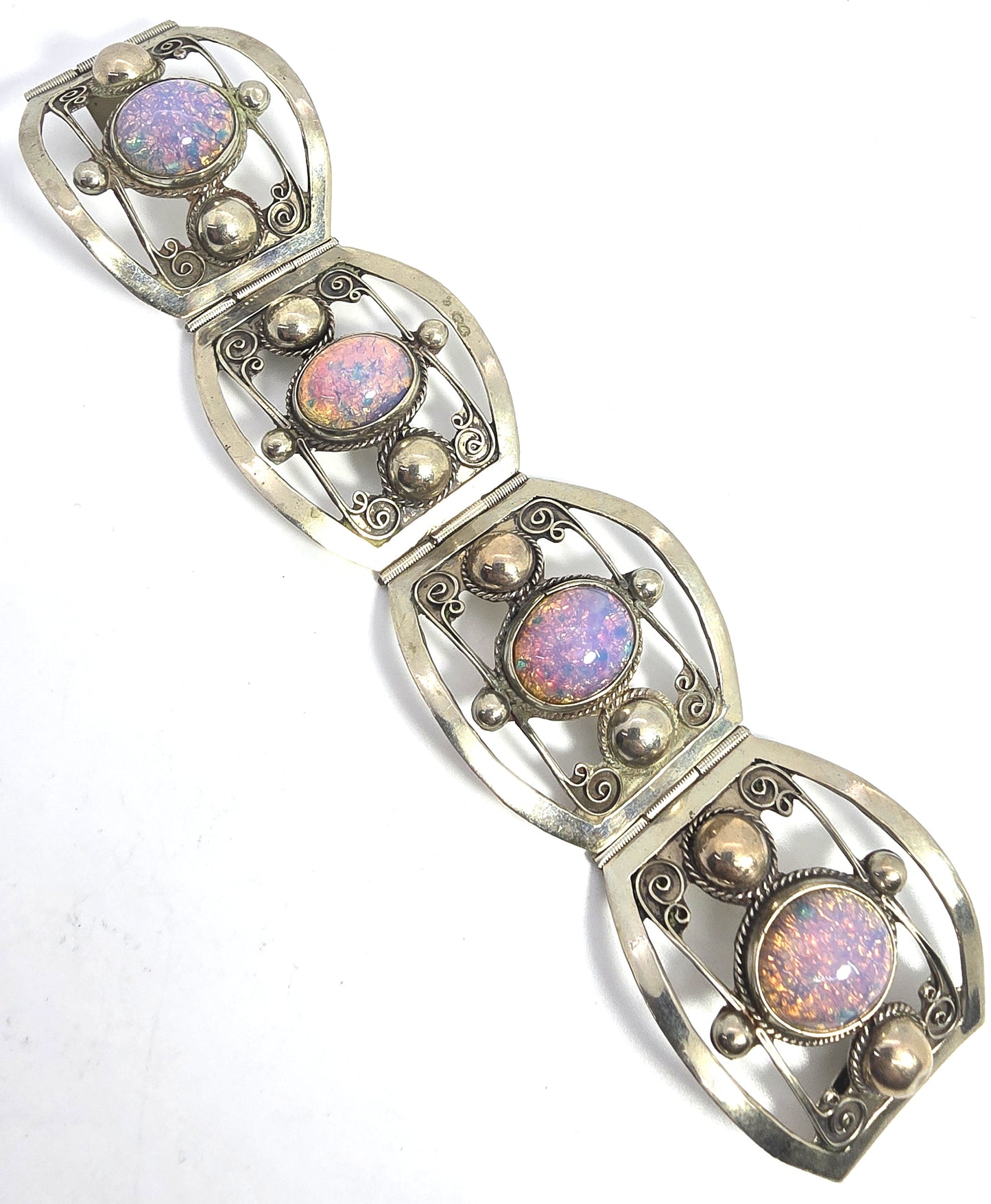 Mexican Dichroic glass Jelly Opal artisan  Large silver plated 4 panel bracelet