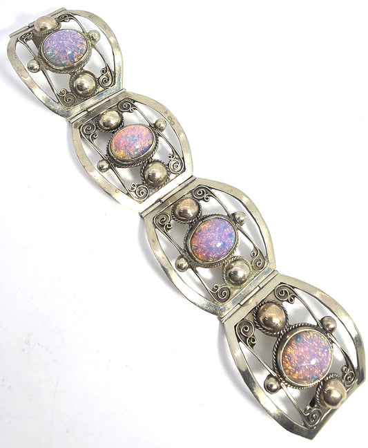 Mexican Dichroic glass Jelly Opal artisan  Large silver plated 4 panel bracelet