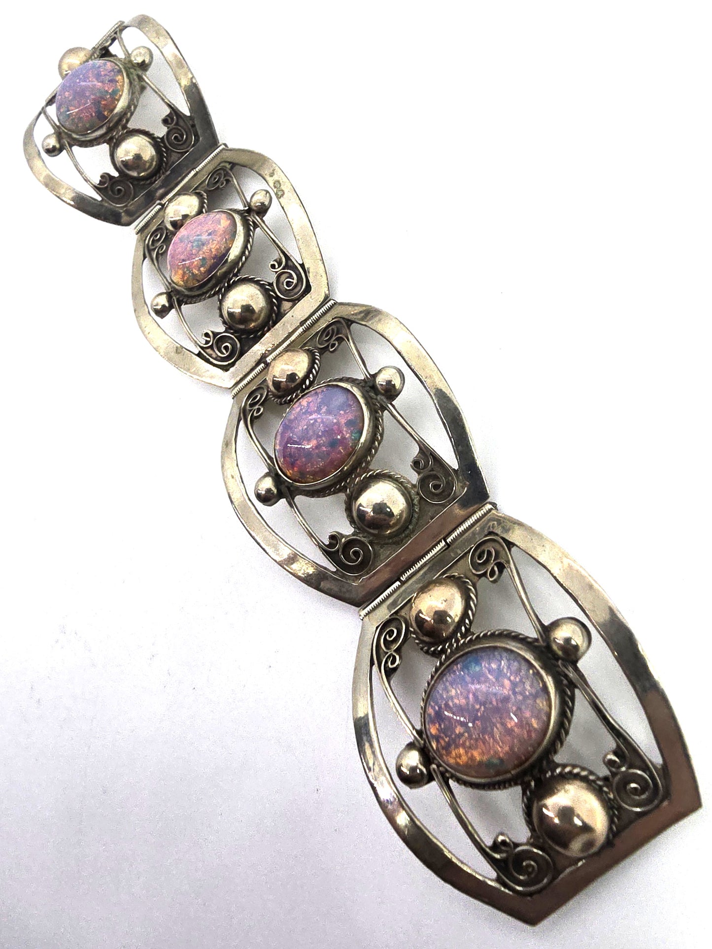 Mexican Dichroic glass Jelly Opal artisan  Large silver plated 4 panel bracelet