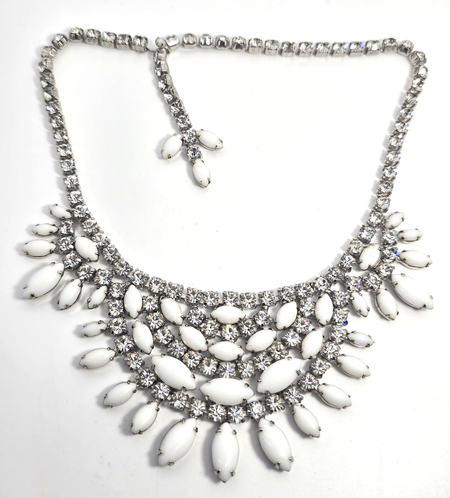 Marvella Milk glass white and clear large vintage rhinestone collar necklace