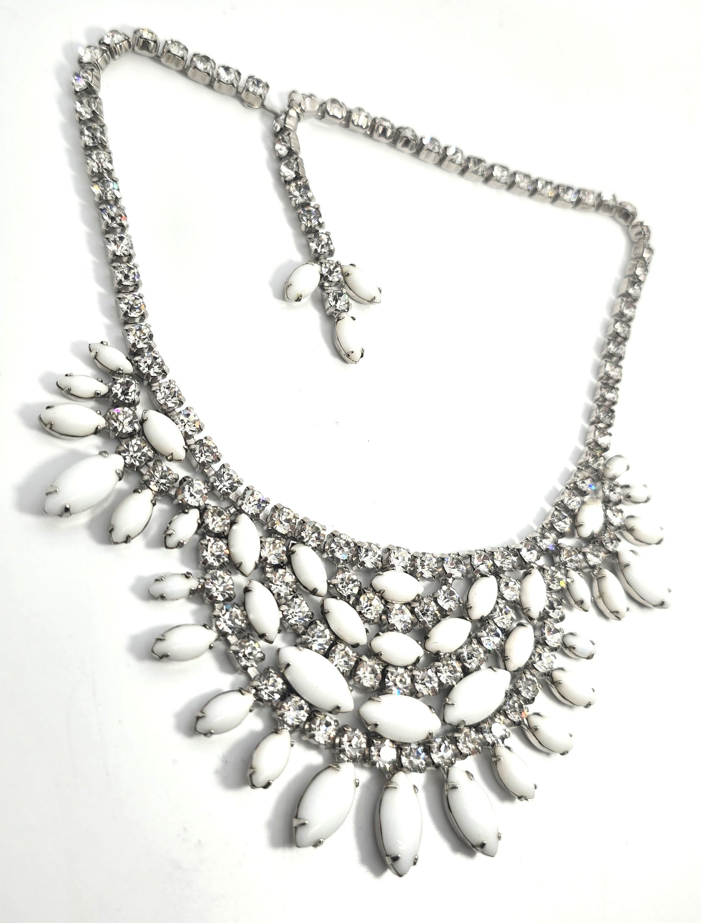 Marvella Milk glass white and clear large vintage rhinestone collar necklace