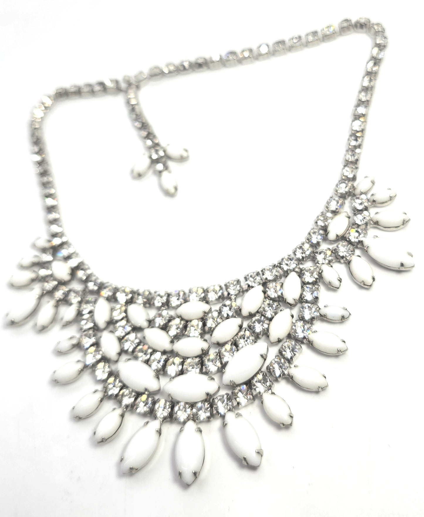 Marvella Milk glass white and clear large vintage rhinestone collar necklace