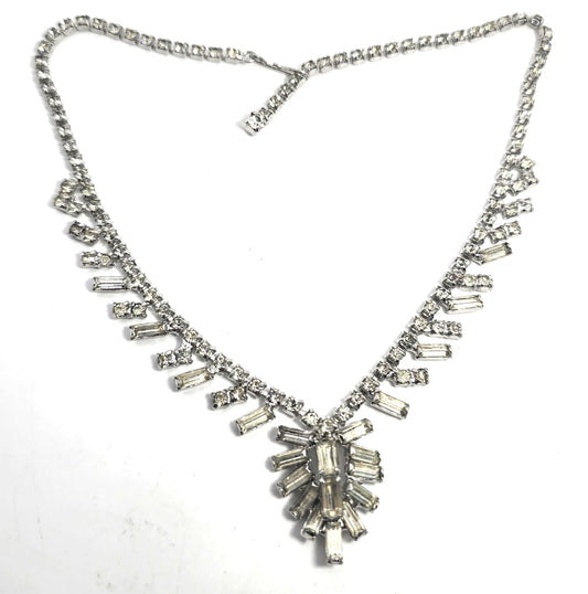 Baguette clear sparkling statement rhinestone necklace mid century