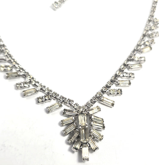 Baguette clear sparkling statement rhinestone necklace mid century