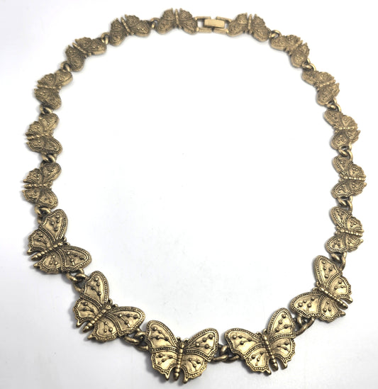Butterfly gold toned vintage retro graduated statement 17 inch necklace