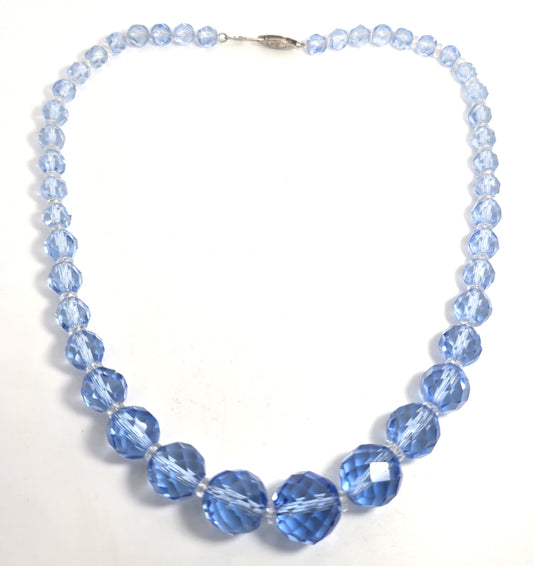 Art Deco Blue faceted lead crystal vintage graduated beaded sterling necklace