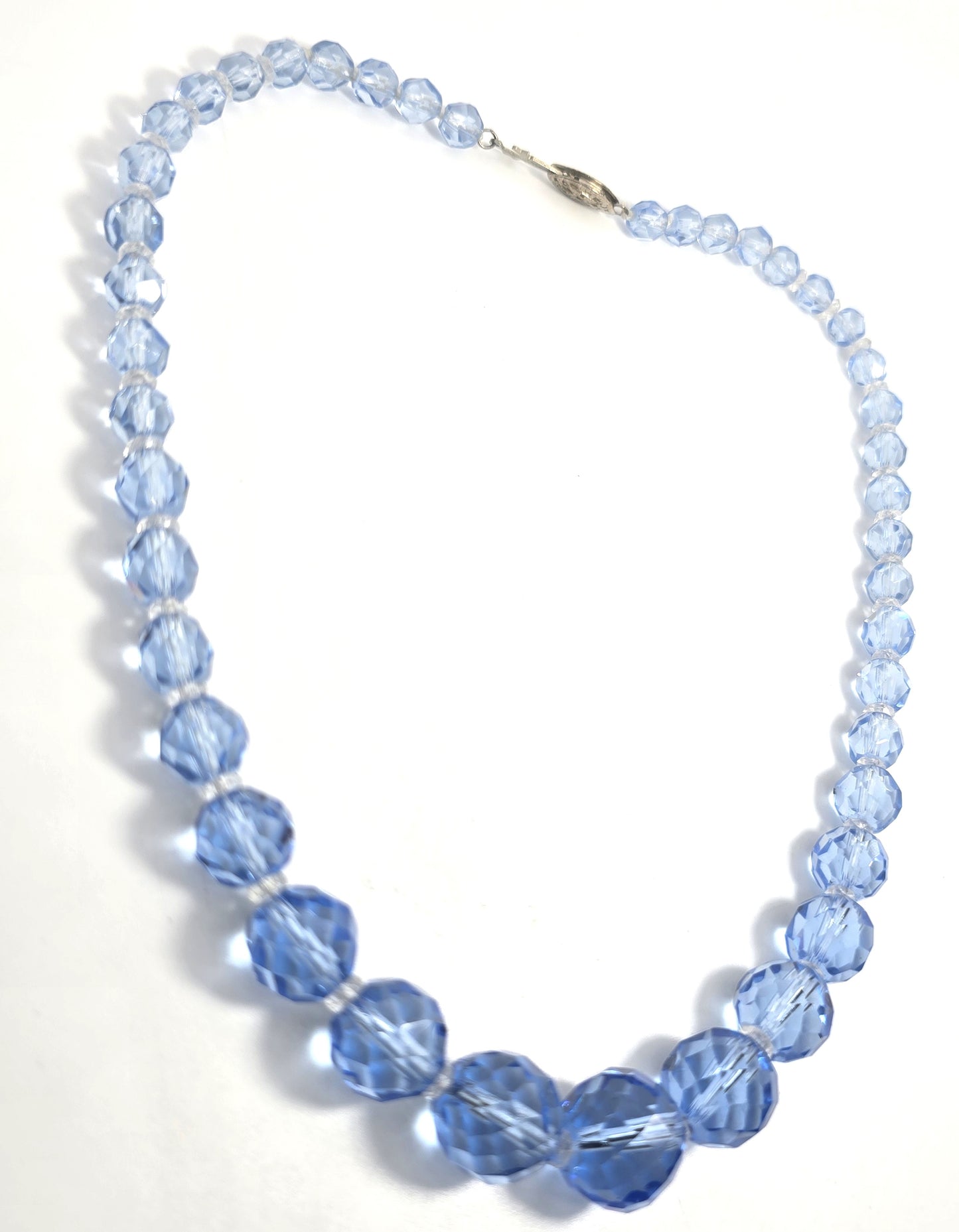 Art Deco Blue faceted lead crystal vintage graduated beaded sterling necklace
