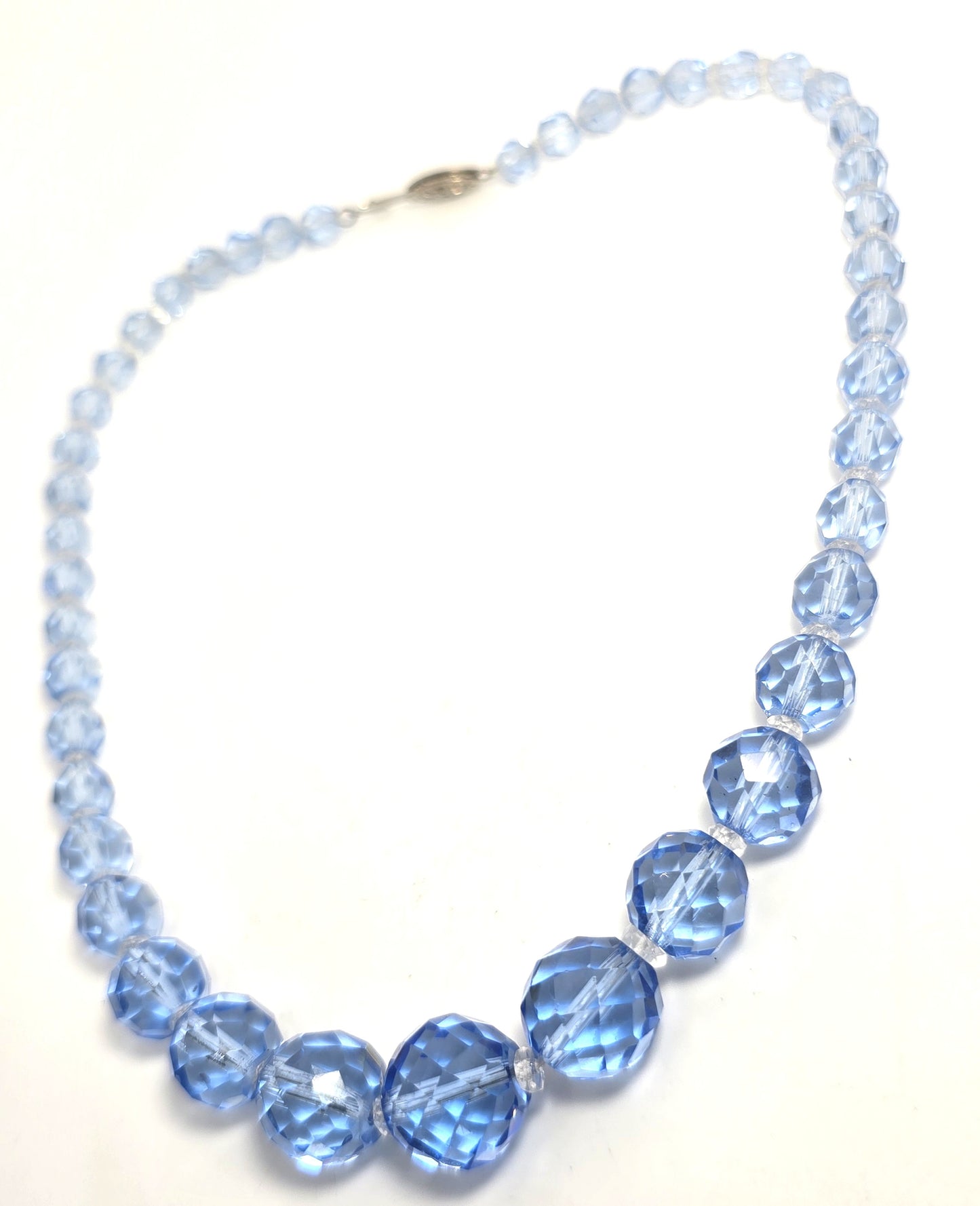 Art Deco Blue faceted lead crystal vintage graduated beaded sterling necklace