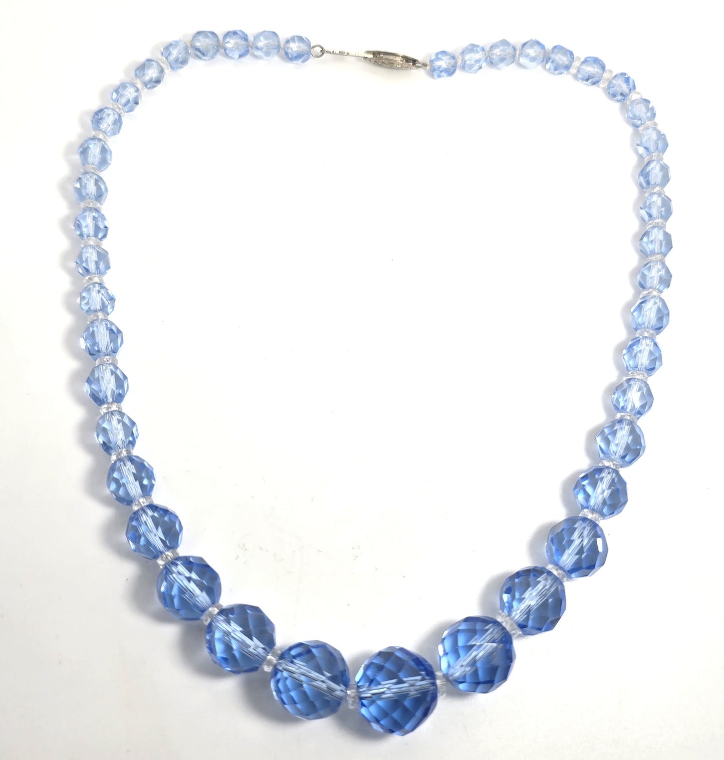 Art Deco Blue faceted lead crystal vintage graduated beaded sterling necklace