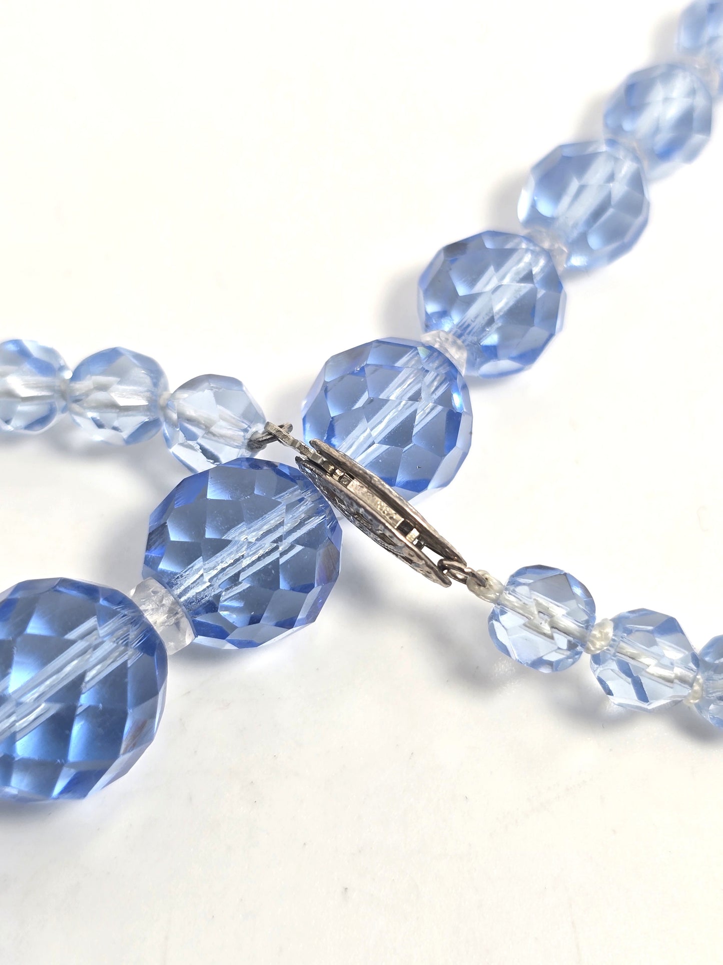 Art Deco Blue faceted lead crystal vintage graduated beaded sterling necklace