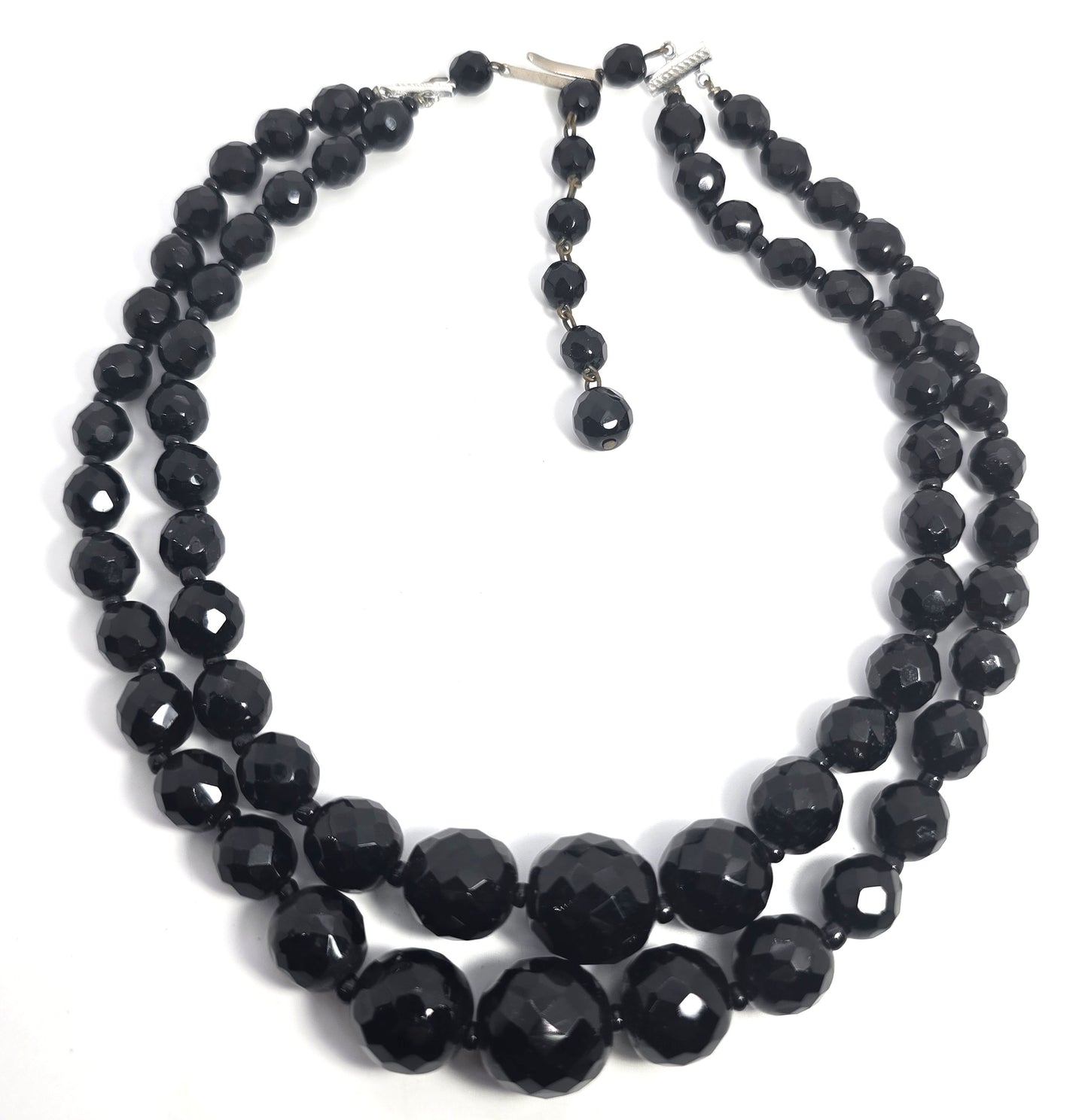 West Germany black faceted 2 strand graduated beaded vintage necklace