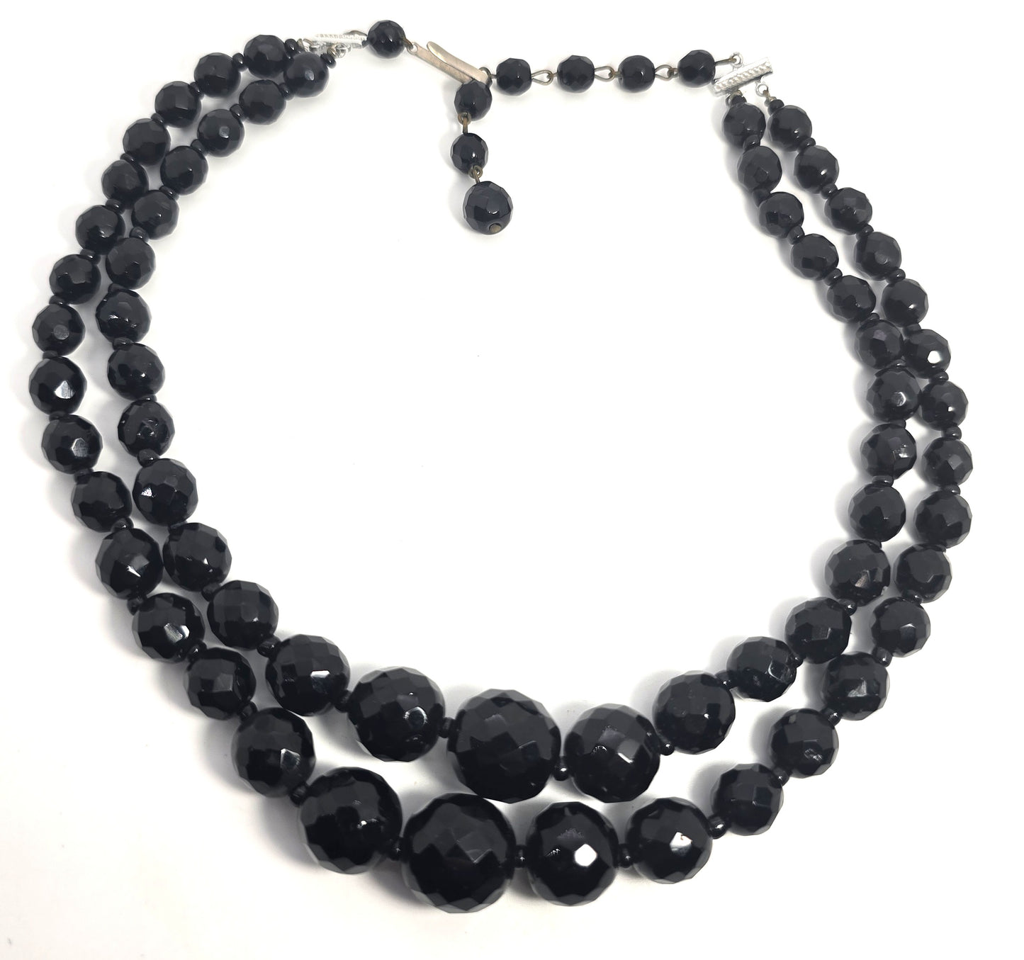 West Germany black faceted 2 strand graduated beaded vintage necklace