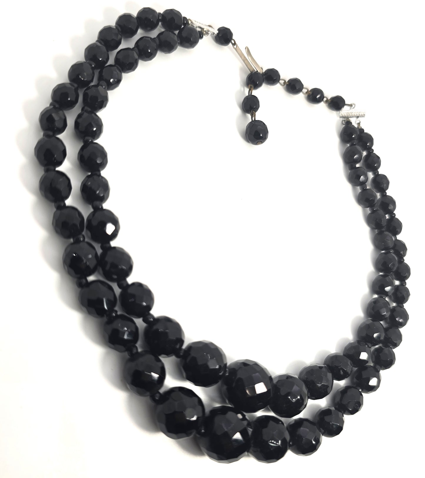 West Germany black faceted 2 strand graduated beaded vintage necklace