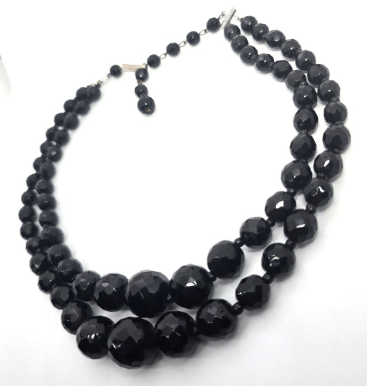 West Germany black faceted 2 strand graduated beaded vintage necklace