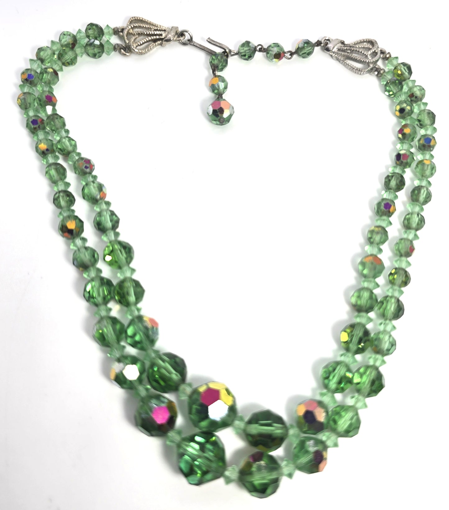Uranium glass Green Austrian crystal Aurora Borealis AB beaded vintage necklace