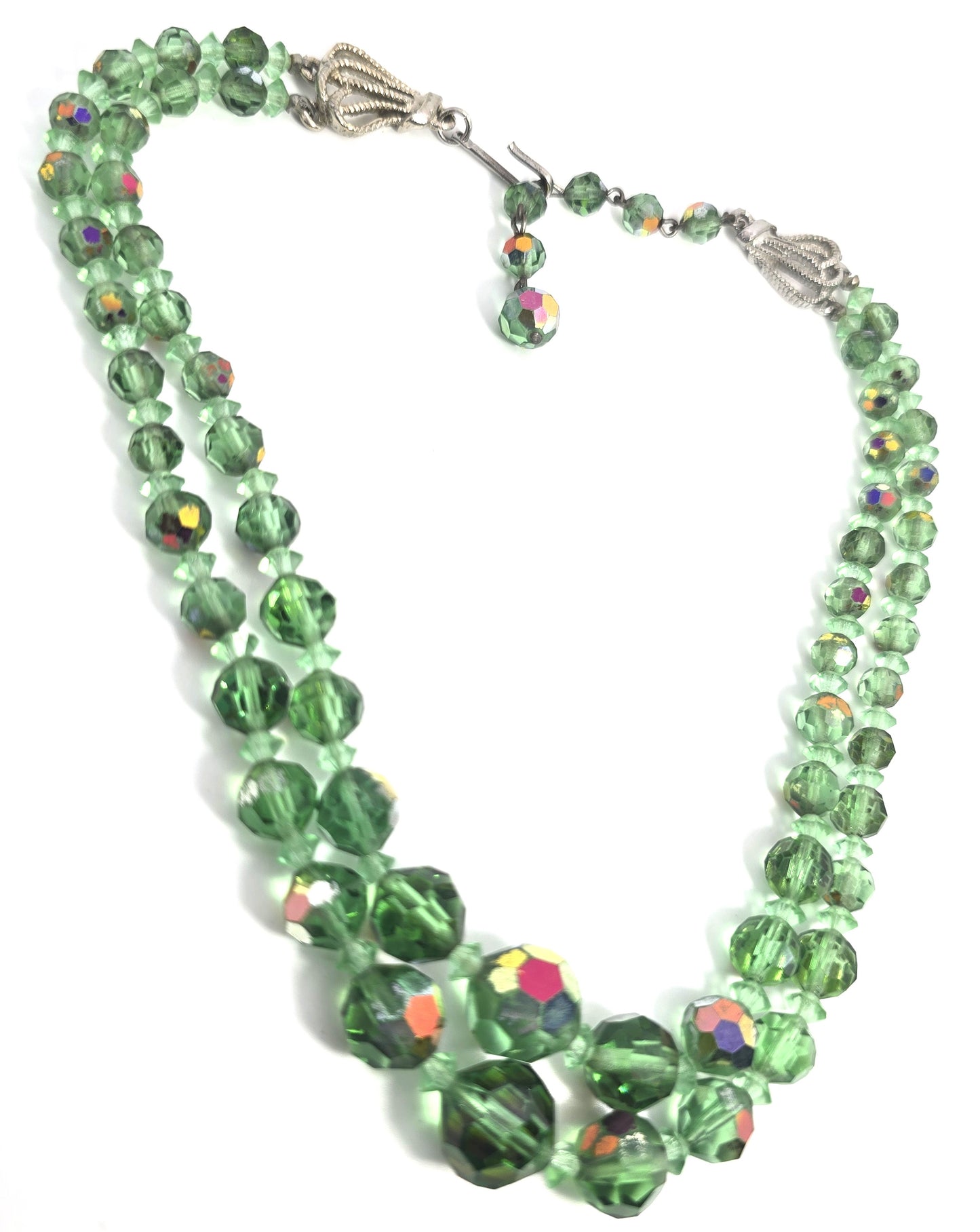 Uranium glass Green Austrian crystal Aurora Borealis AB beaded vintage necklace