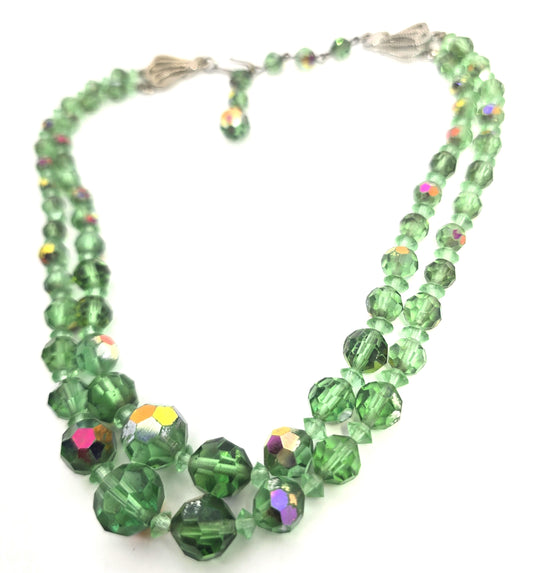 Uranium glass Green Austrian crystal Aurora Borealis AB beaded vintage necklace