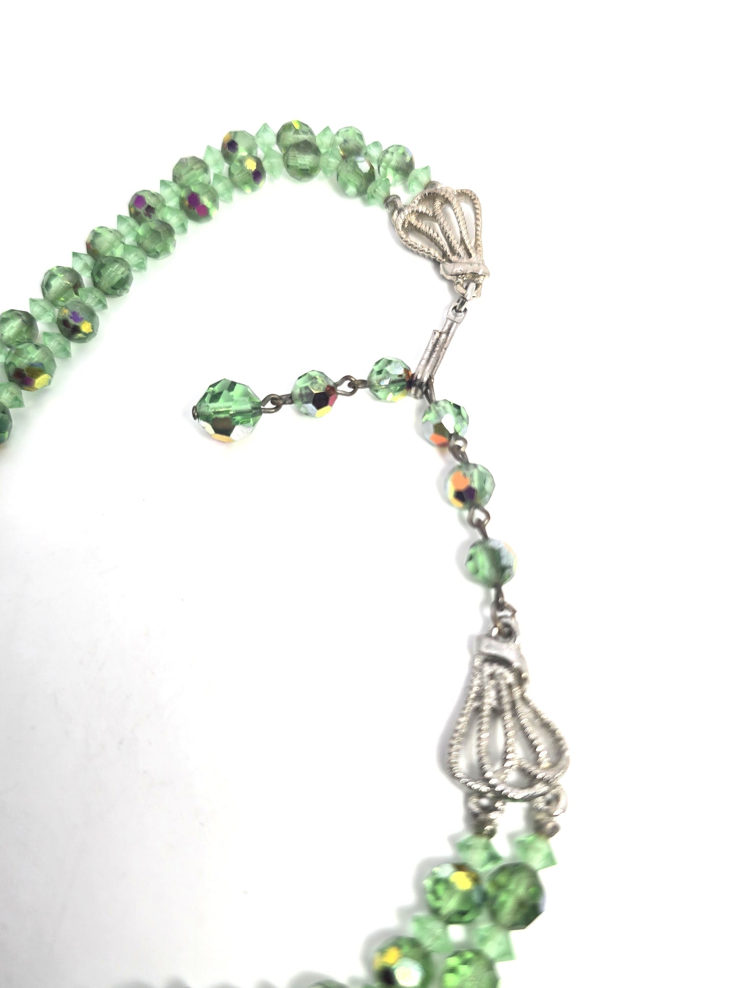 Uranium glass Green Austrian crystal Aurora Borealis AB beaded vintage necklace