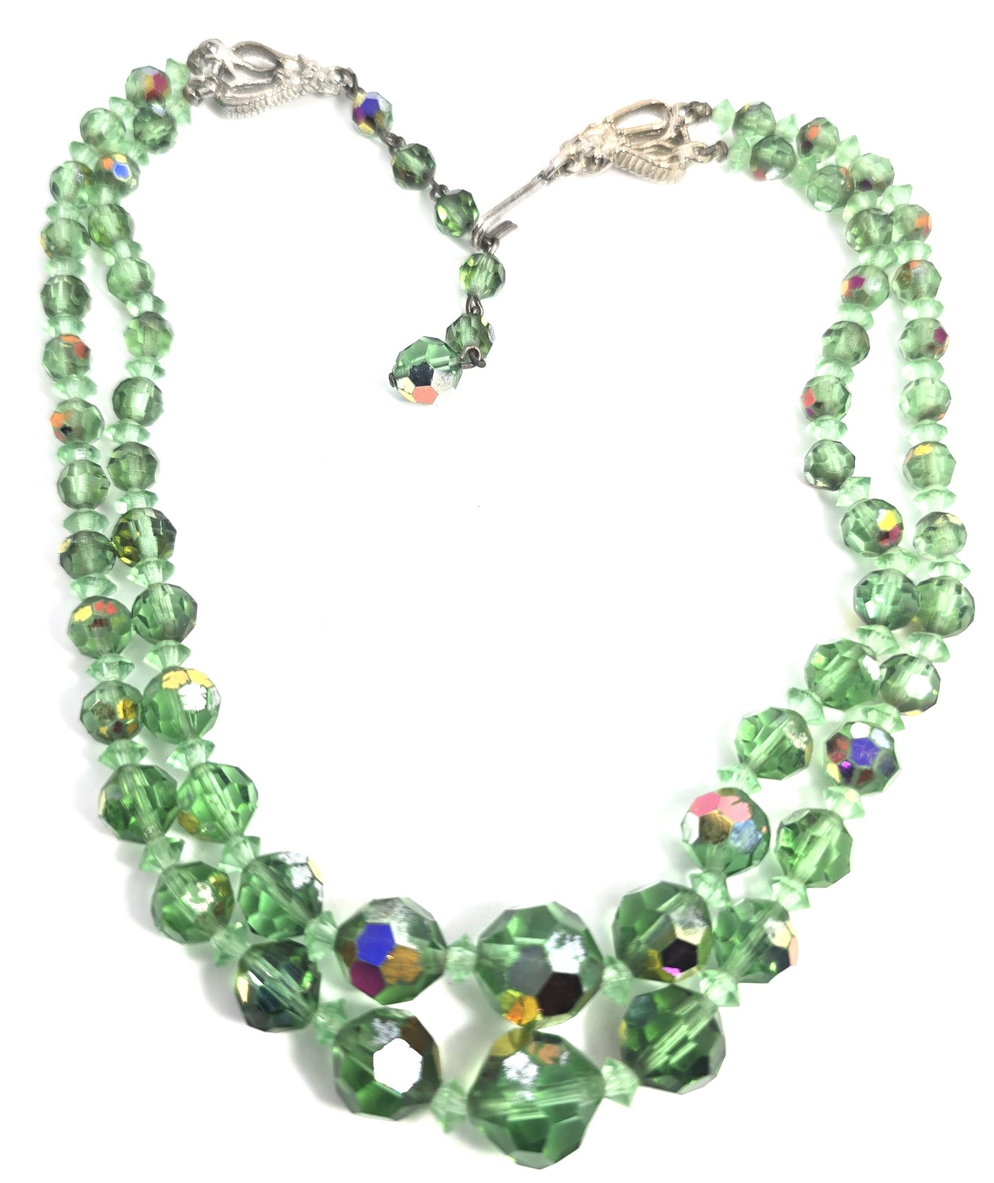 Uranium glass Green Austrian crystal Aurora Borealis AB beaded vintage necklace