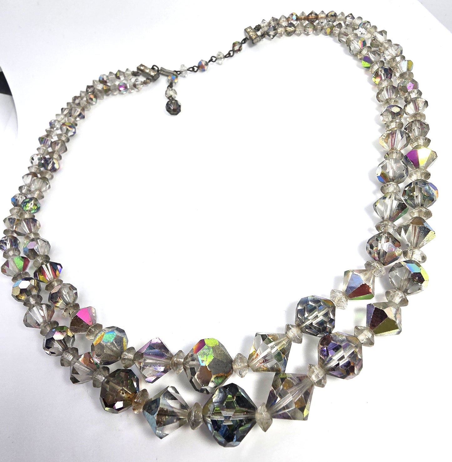 Austrian Crystal Silver Aurora Borealis graduated double strand vintage necklace
