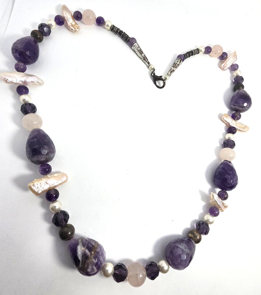 Purple Amethyst Rose Quartz Freshwater Pearl beaded gemstone necklace