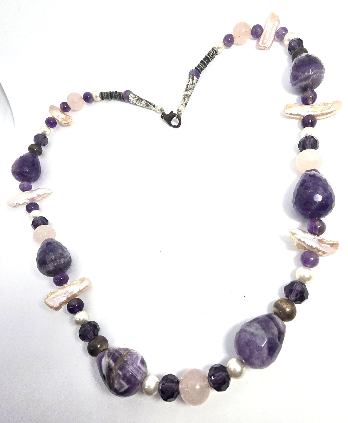 Purple Amethyst Rose Quartz Freshwater Pearl beaded gemstone necklace