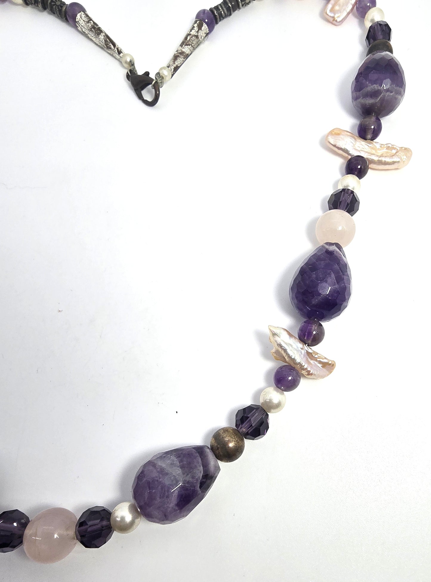 Purple Amethyst Rose Quartz Freshwater Pearl beaded gemstone necklace