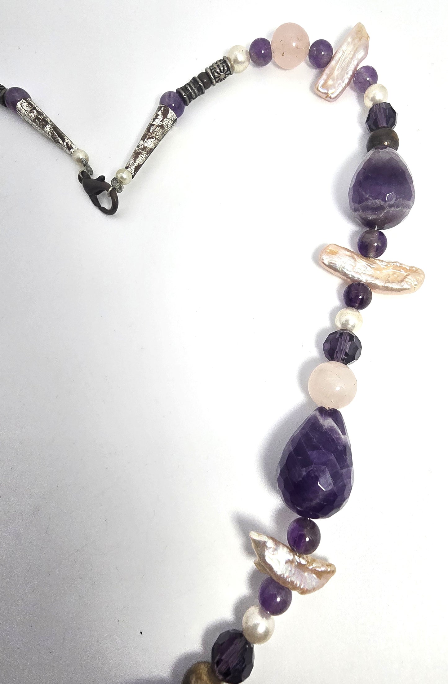 Purple Amethyst Rose Quartz Freshwater Pearl beaded gemstone necklace