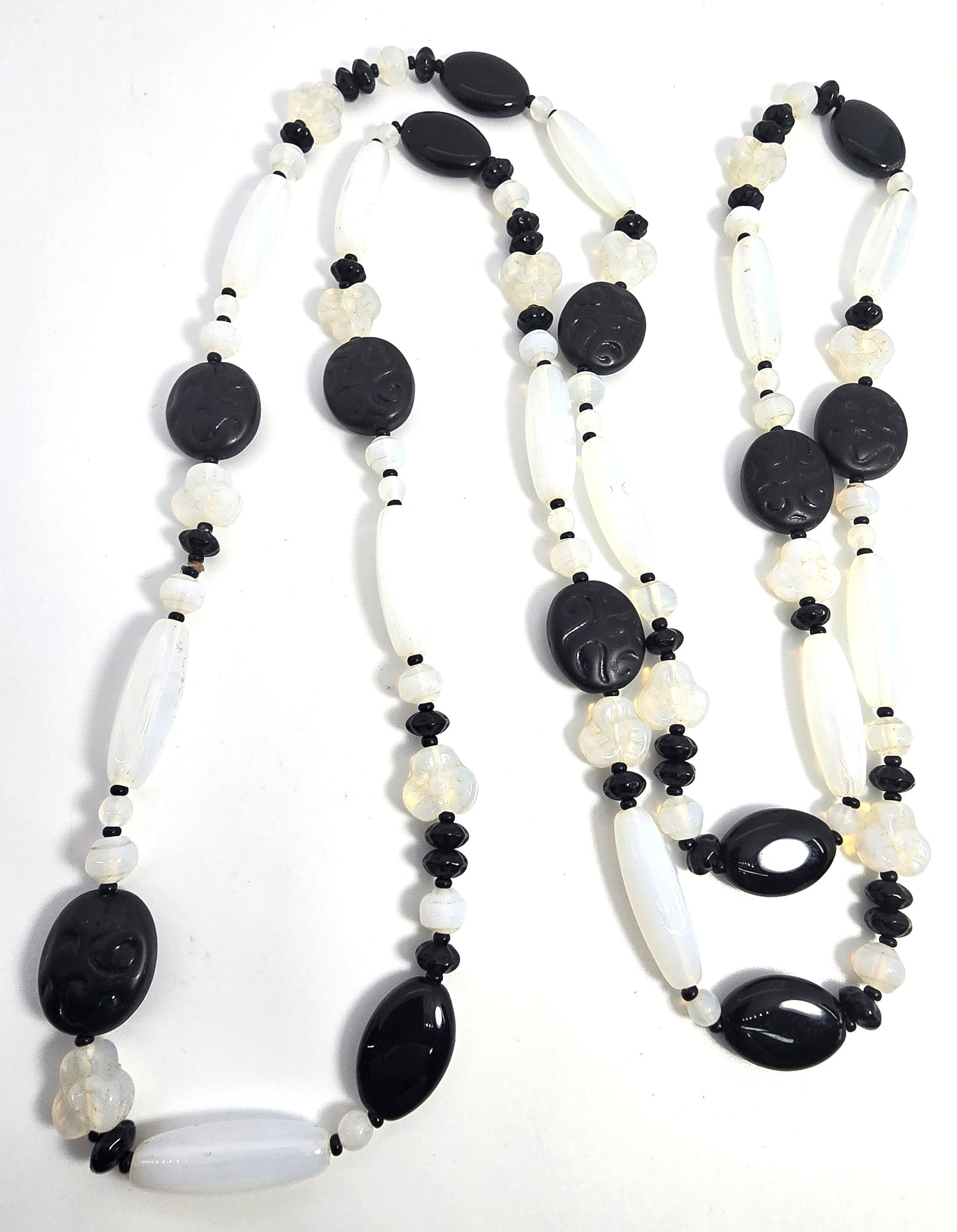 Joan Rivers opalite and black molded Czech glass beaded vintage Opera necklace