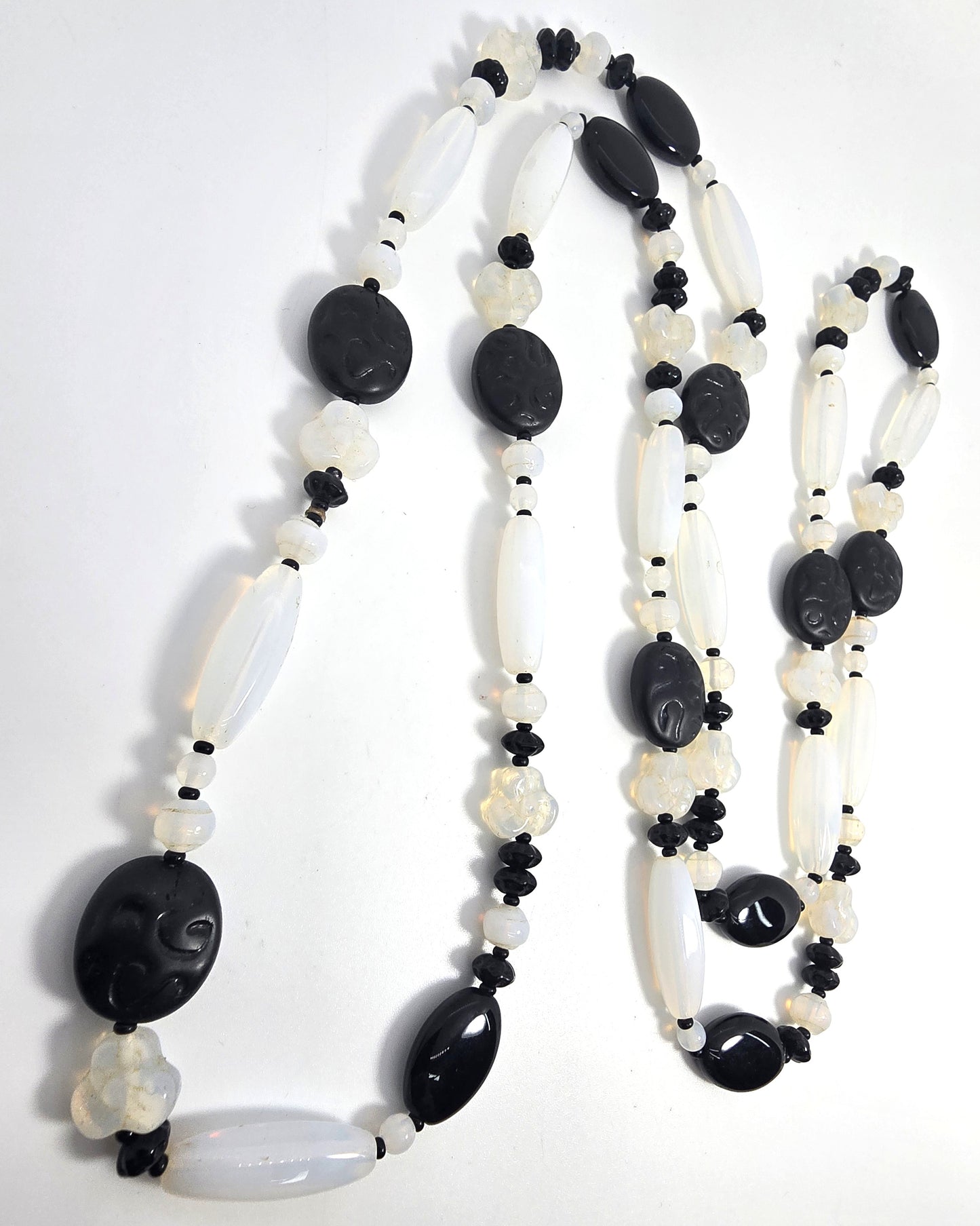 Joan Rivers opalite and black molded Czech glass beaded vintage Opera necklace