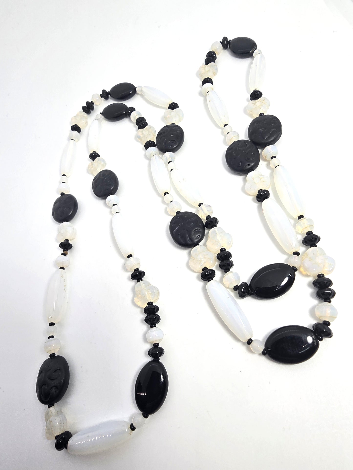 Joan Rivers opalite and black molded Czech glass beaded vintage Opera necklace