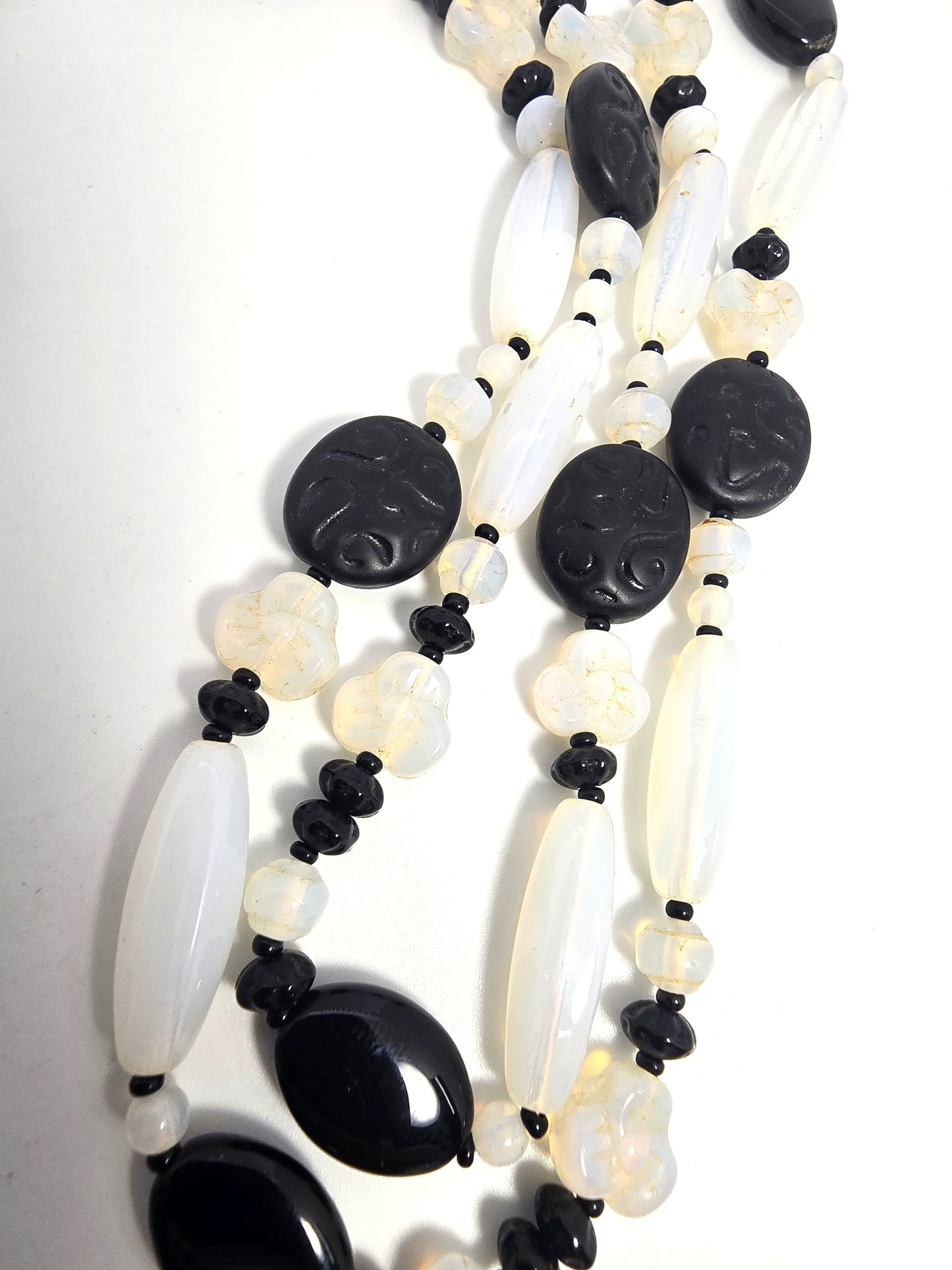 Joan Rivers opalite and black molded Czech glass beaded vintage Opera necklace