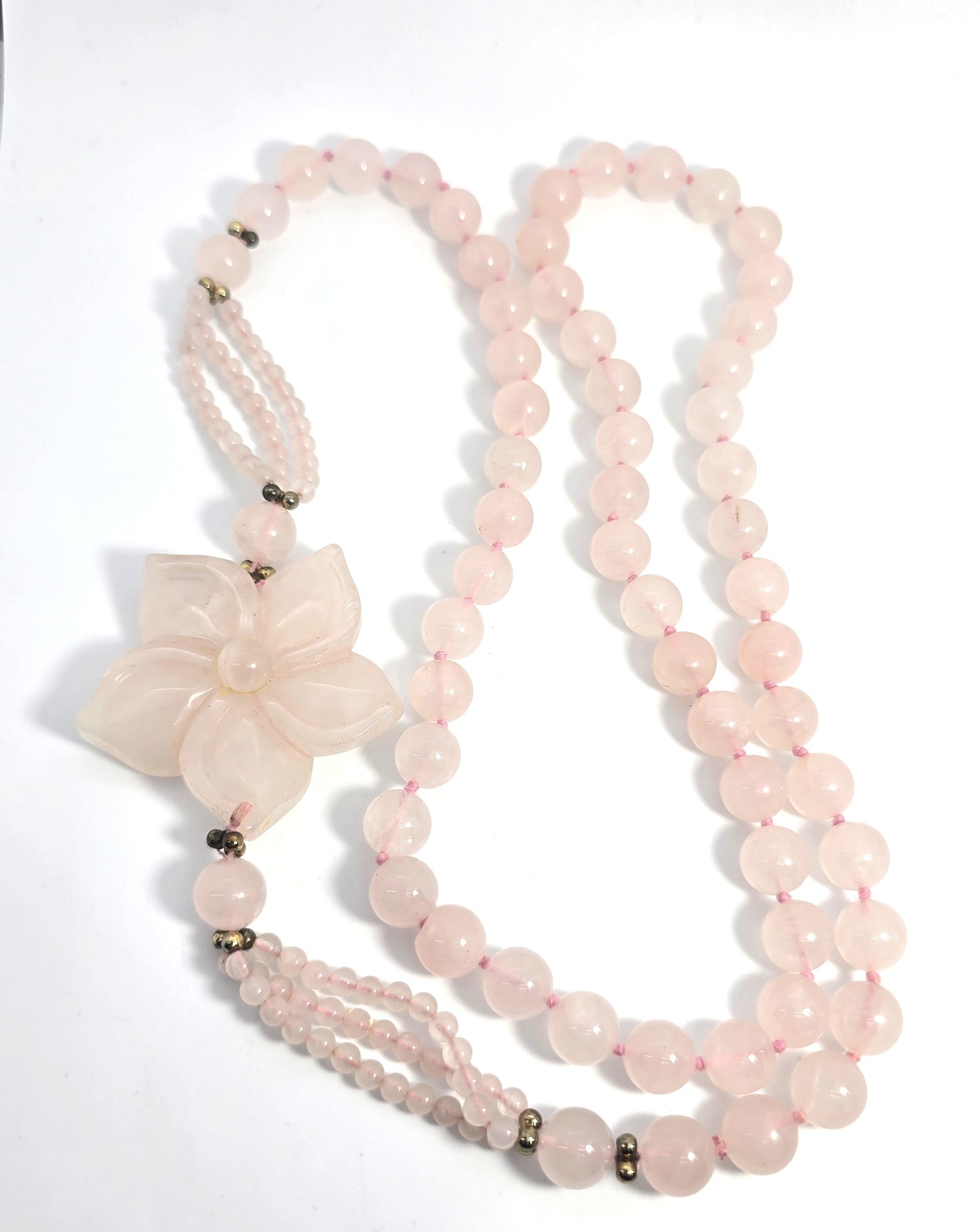 Rose quartz natural gemstone 10mm carved flower vintage beaded necklace