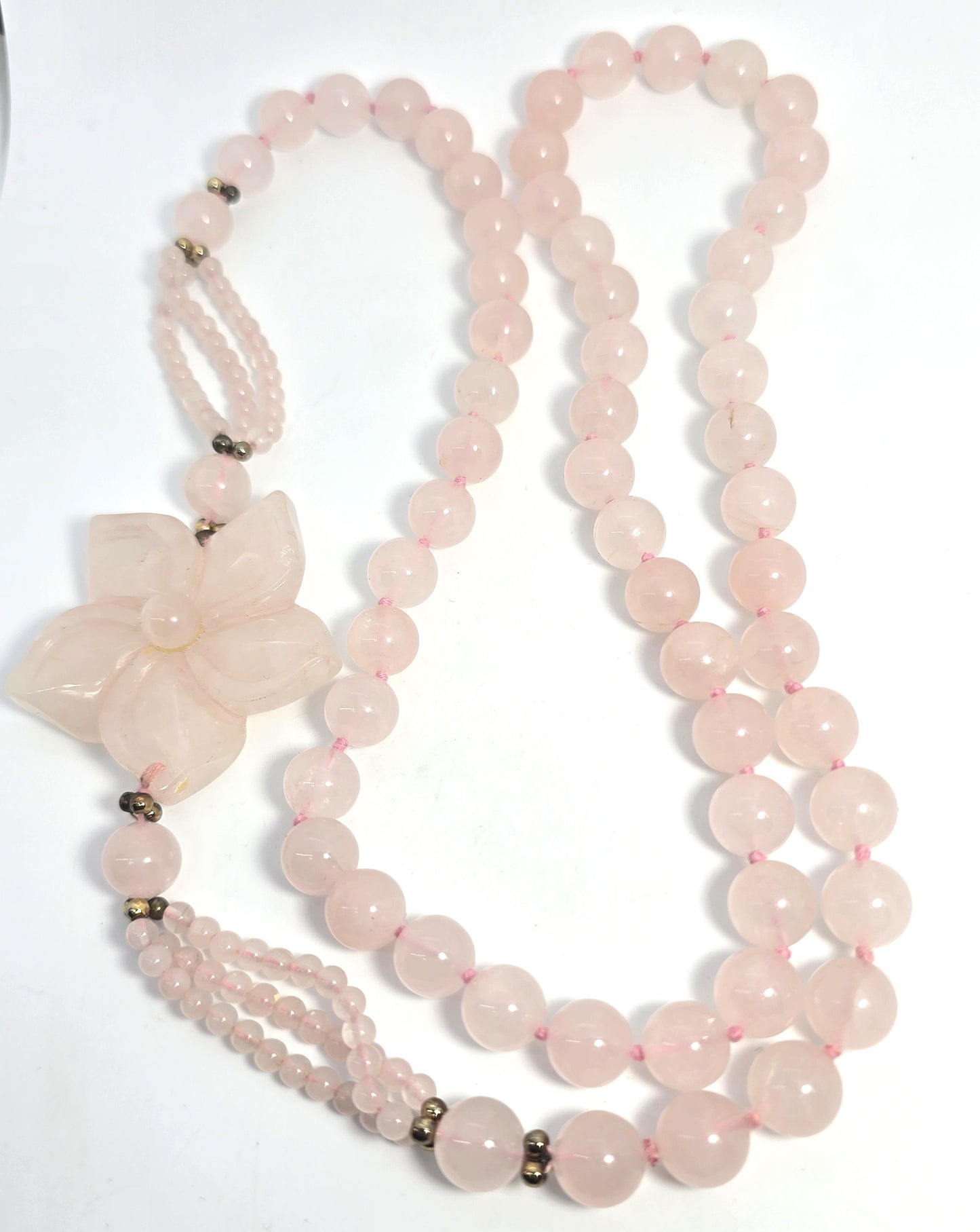 Rose quartz natural gemstone 10mm carved flower vintage beaded necklace