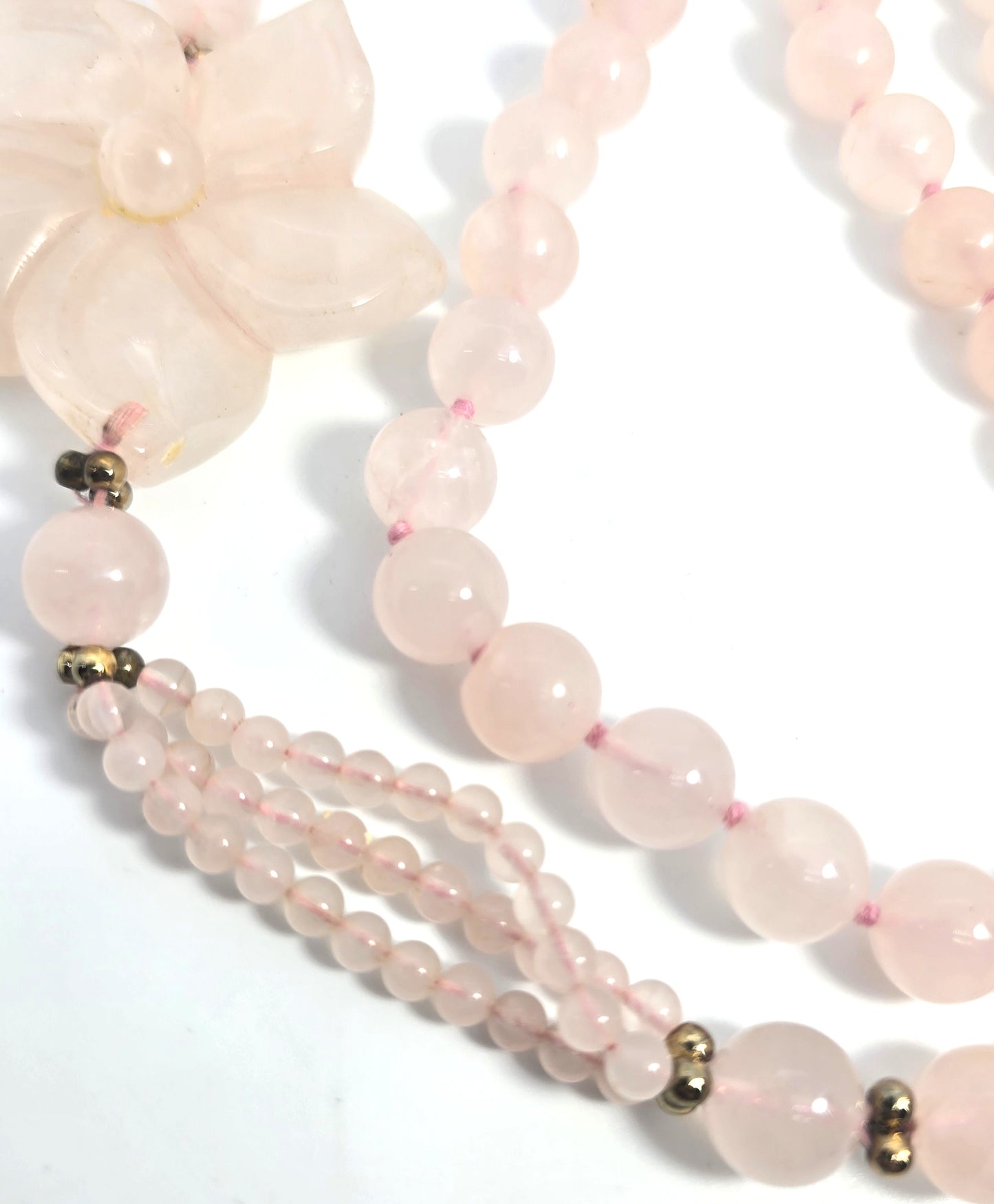 Rose quartz natural gemstone 10mm carved flower vintage beaded necklace