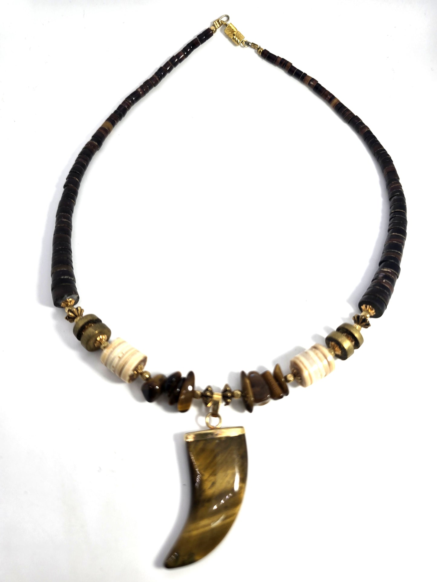 Tiger's eye Bear Claw Heishi beaded gemstone brass vintage  necklace