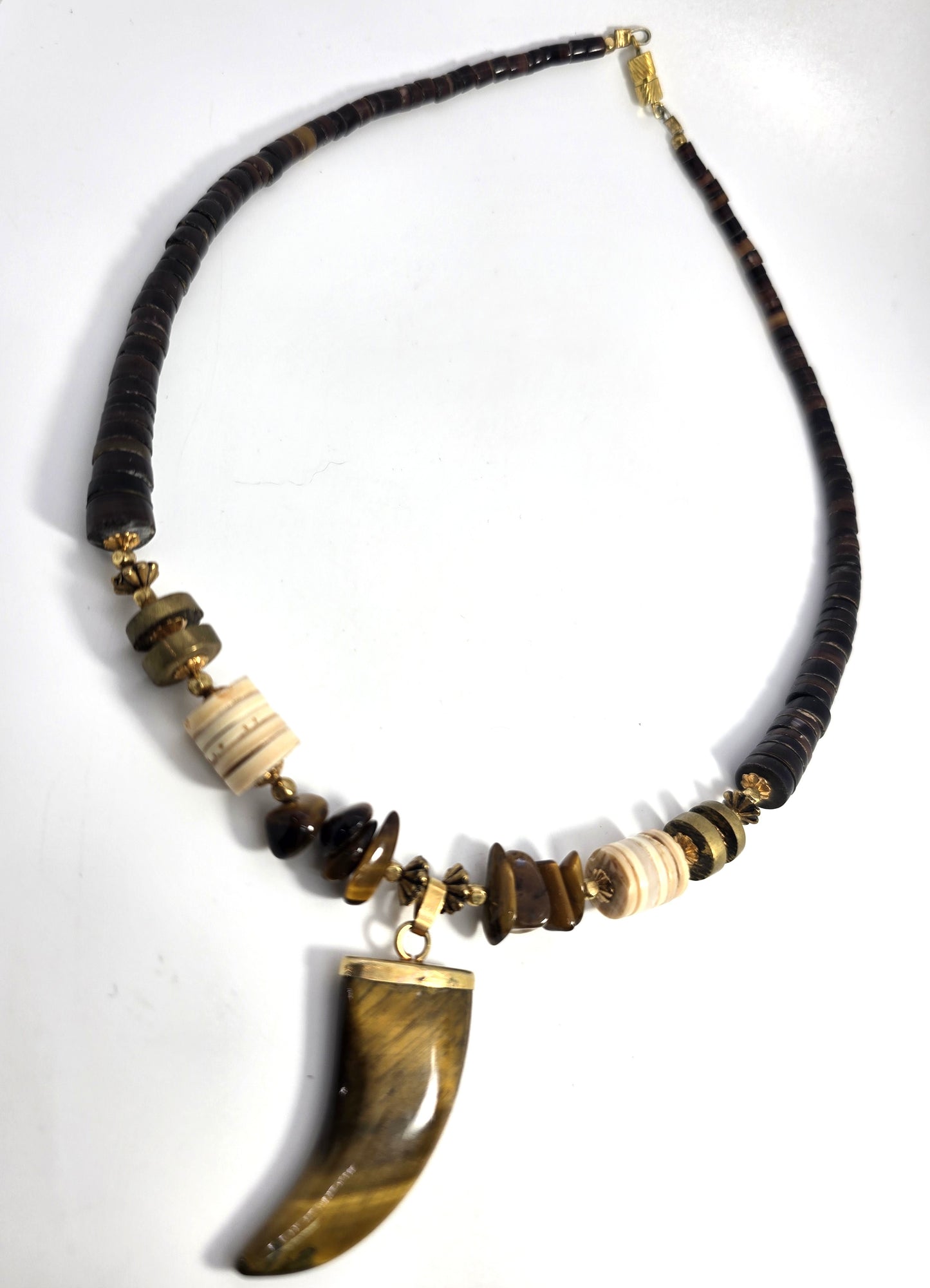 Tiger's eye Bear Claw Heishi beaded gemstone brass vintage  necklace