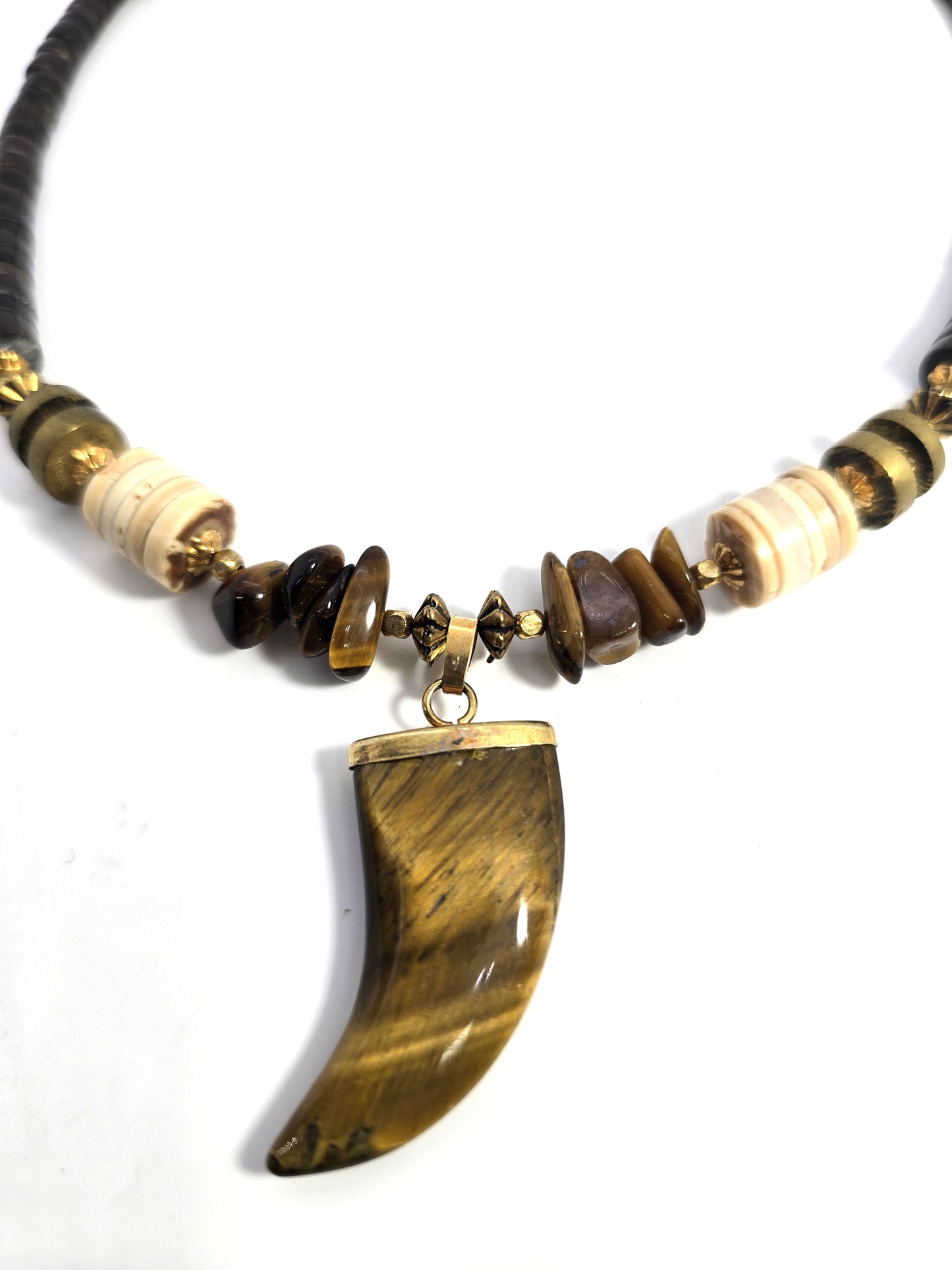 Tiger's eye Bear Claw Heishi beaded gemstone brass vintage  necklace